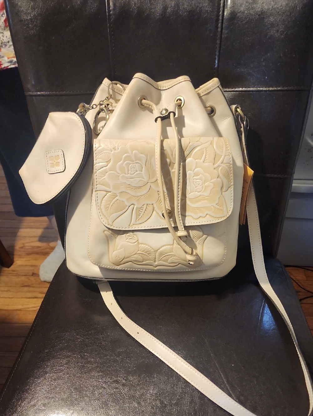 Patricia Nash Cream Floral Embossed Drawstring Crossbody Bag